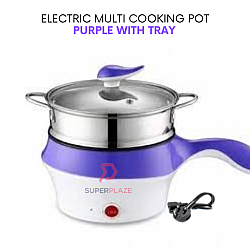 Purple With Tray 18cm Mini Multifunction Stainless Steel Electric Cooker Frying Pan Pot Periuk Serbaguna