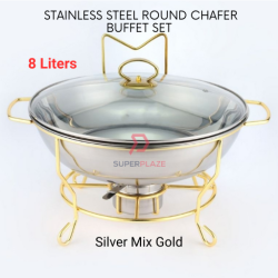Silver Mix Gold 8 Liters Stainless Steel Round Chafer Chafing Dish Buffet Set Kenduri Set Berkas Lauk Catering Set