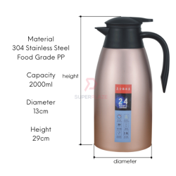 Silver Steel SUS304 2L Insulated Vacuum Thermal Flask Stainless Steel Flask Jar Coffee Pot