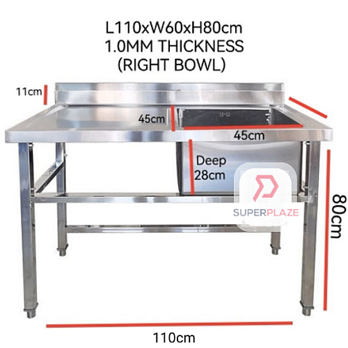 Right Bowl L110xW60xH80cm Stainless Steel Single Bowl Sink With Drainboard