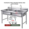 L120xW60xH80cm Commercial Stainless Steel Double Deep Bowl Sink Set With Stand