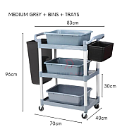 Medium Grey Plus Bins Plus Trays 3 Tiers Plastic Multifunctional Food Trolley Cleaning Collector Utility Cart