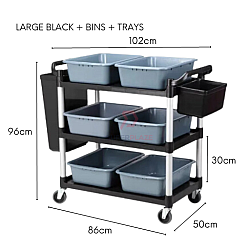 Large Black Plus Bins Plus Trays 3 Tiers Plastic Multifunctional Food Trolley Cleaning Collector Utility Cart
