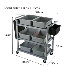 Large Grey Plus Bins Plus Trays 3 Tiers Plastic Multifunctional Food Trolley Cleaning Collector Utility Cart