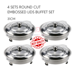 4 Sets 31cm Round Embossed Lids Stainless Steel Buffet Set Catering Serving Tray Food Pan