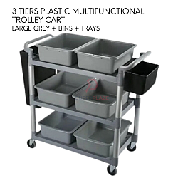 Large Grey Plus Bins Plus Trays 3 Tiers Plastic Multifunctional Food Trolley Cleaning Collector Utility Cart