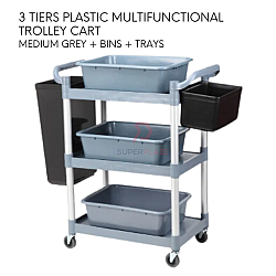 Medium Grey Plus Bins Plus Trays 3 Tiers Plastic Multifunctional Food Trolley Cleaning Collector Utility Cart