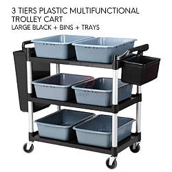 Large Black Plus Bins Plus Trays 3 Tiers Plastic Multifunctional Food Trolley Cleaning Collector Utility Cart