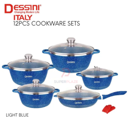 Light Blue Color 12pcs Dessini Italy Cookware Sets Granite Aluminium Non Stick Grill Fry Pan Casserole Pot Bowl