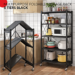 Black 5 Tiers Powder Coating Foldable Storage Rack DIY Multifunctional Rack Wheel Castors Rack