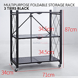 Black 3 Tiers Powder Coating Foldable Storage Rack DIY Multifunctional Rack Wheel Castors Rack
