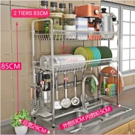 2 Tiers 83cm SUS304 Stainless Steel Dishes Drainer Sink Dish Rack Multipurpose Kitchen Rack