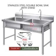 L120xW60xH80cm Commercial Stainless Steel Double Deep Bowl Sink Set With Stand