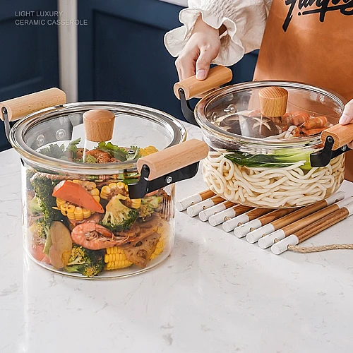 3.5L Kaca Pot Glass Pot with Lid Cover Borosilicate Glass with Wooden Handle Heat-resistant Cooking Pot pb