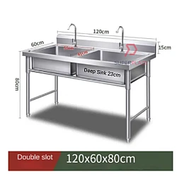 L120xW60xH80cm Commercial Stainless Steel Double Deep Bowl Sink Set With Stand