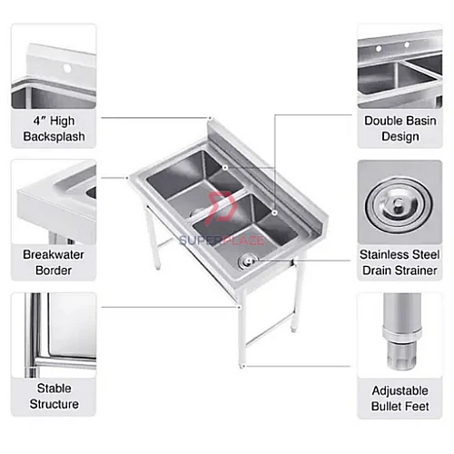 L110xW60xH80cm Commercial Stainless Steel Double Deep Bowl Sink Set With Stand