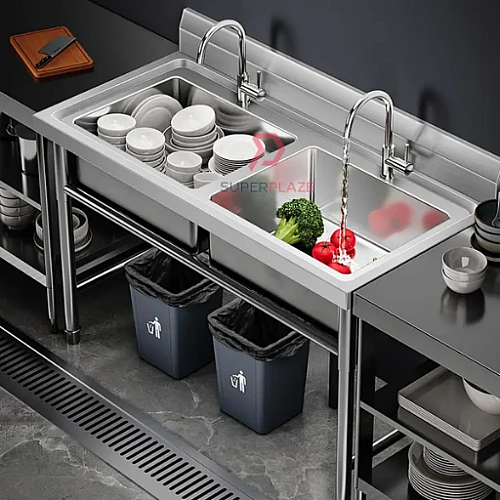 L110xW60xH80cm Commercial Stainless Steel Double Deep Bowl Sink Set With Stand
