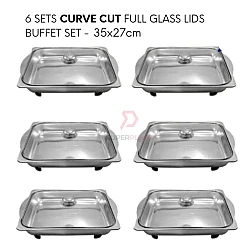 6 Sets 35x27cm Curve Cut Full Glass Lid Stainless Steel Buffet Set Catering Serving Tray Food Pan