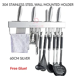60cm Silver Color 304 Multifunctional Stainless Steel Mounted Wall Rack Anti Drill Storage Knife Holder