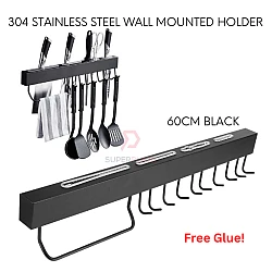 60cm Black Color 304 Multifunctional Stainless Steel Mounted Wall Rack Anti Drill Storage Knife Holder