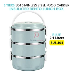 Blue Color 3 Tiers 304 Portable Stainless Steel Food Storage Carrier Insulated Bento Lunch Box