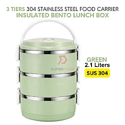 Green Color 3 Tiers 304 Portable Stainless Steel Food Storage Carrier Insulated Bento Lunch Box