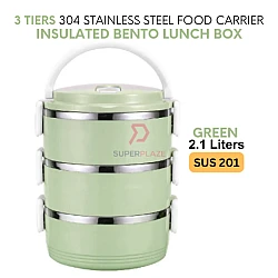 Green Color 3 Tiers 201 Portable Stainless Steel Food Storage Carrier Insulated Bento Lunch Box