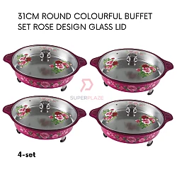 Rose Red 4 Sets 31cm Round Colorful Buffet Set Rose Design Glass Lid Food Pan Chafing Dish Tray