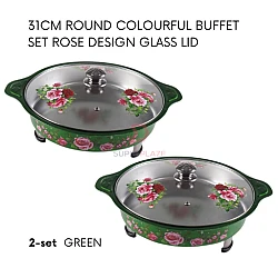 Green 2 Sets 31cm Round Colorful Buffet Set Rose Design Glass Lid Food Pan Chafing Dish Tray