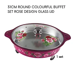 Rose Red 1 Set 31cm Round Colorful Buffet Set Rose Design Glass Lid Food Pan Chafing Dish Tray
