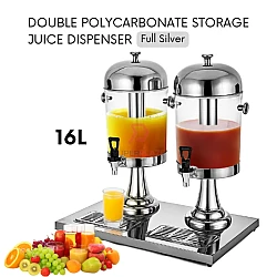 Full Silver 16L Double Polycarbonate Juice Dispenser Ice Chamber Beverage Storage Buffet Dispenser