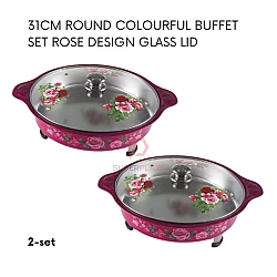Rose Red 2 Sets 31cm Round Colorful Buffet Set Rose Design Glass Lid Food Pan Chafing Dish Tray