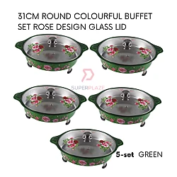 Green 5 Sets 31cm Round Colorful Buffet Set Rose Design Glass Lid Food Pan Chafing Dish Tray