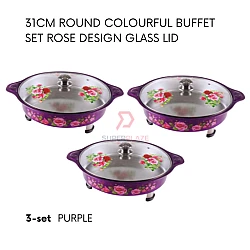 Purple 3 Sets 31cm Round Colorful Buffet Set Rose Design Glass Lid Food Pan Chafing Dish Tray