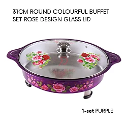 Purple 1 Set 31cm Round Colorful Buffet Set Rose Design Glass Lid Food Pan Chafing Dish Tray