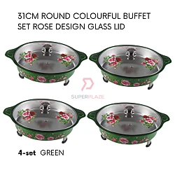 Green 4 Sets 31cm Round Colorful Buffet Set Rose Design Glass Lid Food Pan Chafing Dish Tray