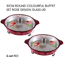 Red 2 Sets 31cm Round Colorful Buffet Set Rose Design Glass Lid Food Pan Chafing Dish Tray
