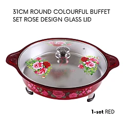 Red 1 Set 31cm Round Colorful Buffet Set Rose Design Glass Lid Food Pan Chafing Dish Tray