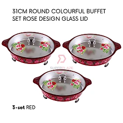 Red 3 Sets 31cm Round Colorful Buffet Set Rose Design Glass Lid Food Pan Chafing Dish Tray