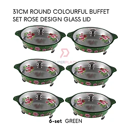 Green 6 Sets 31cm Round Colorful Buffet Set Rose Design Glass Lid Food Pan Chafing Dish Tray