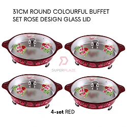 Red 4 Sets 31cm Round Colorful Buffet Set Rose Design Glass Lid Food Pan Chafing Dish Tray