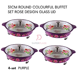 Purple 4 Sets 31cm Round Colorful Buffet Set Rose Design Glass Lid Food Pan Chafing Dish Tray