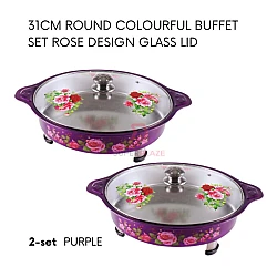 Purple 2 Sets 31cm Round Colorful Buffet Set Rose Design Glass Lid Food Pan Chafing Dish Tray