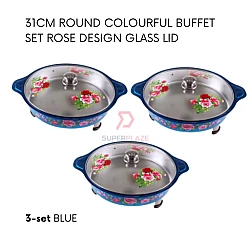 Blue 3 Sets 31cm Round Colorful Buffet Set Rose Design Glass Lid Food Pan Chafing Dish Tray