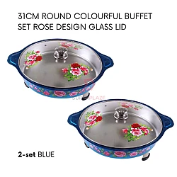 Blue 2 Sets 31cm Round Colorful Buffet Set Rose Design Glass Lid Food Pan Chafing Dish Tray
