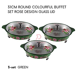 Green 3 Sets 31cm Round Colorful Buffet Set Rose Design Glass Lid Food Pan Chafing Dish Tray