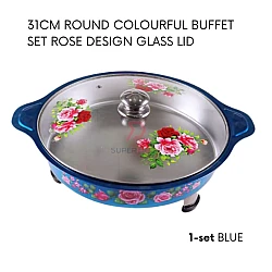 Blue 1 Set 31cm Round Colorful Buffet Set Rose Design Glass Lid Food Pan Chafing Dish Tray