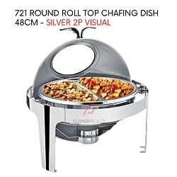Silver 2P Visual 48cm Stainless Steel Polished Round Roll Top Chafing Dish Buffet Set Catering Dishes Server