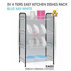 Blue Mix White 3V Multipurpose 4 Tiers Easy Powder Coating Kitchen Dishes Rack