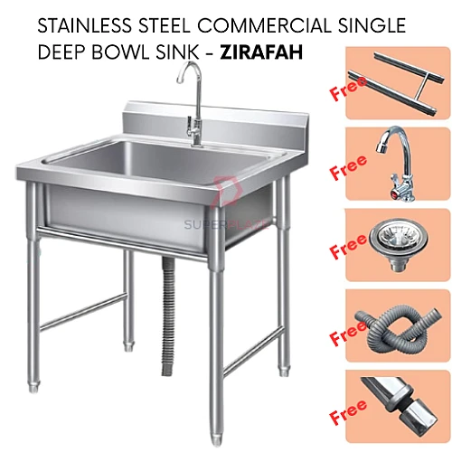 Zirafah Stainless Steel Commercial Single Deep Bowl Sink Set With Stand